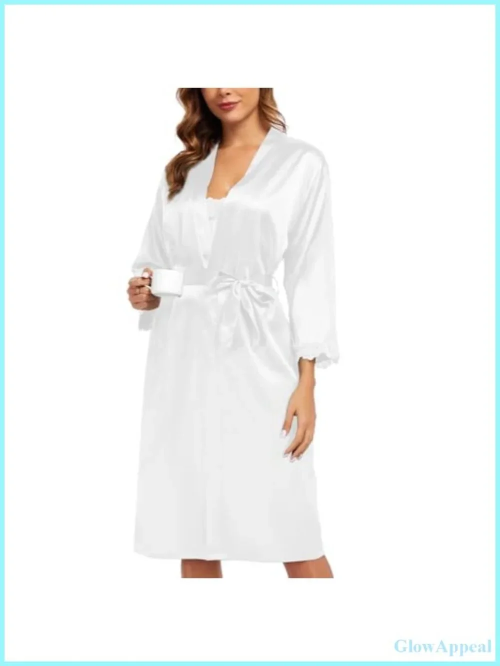 2-Piece Satin Nightgown & Robe Set Lace Trim V-Neck Adjustable Straps
